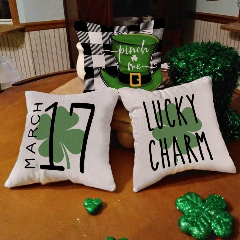 GEEORY St. Patrick's Day Pillow Covers, 18x18 Inch, Set Of 4 - Buffalo Plaid & Shamrock Farmhouse Decor - View #10