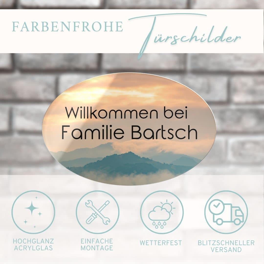 Edles Türschild mit Namen für die Haustür - Namensschild Briefkasten selbstklebend oder mit Bohrlöcher - Klingelschild mit kratzfestem UV Druck - Größe ab 10x6,5 cm oval