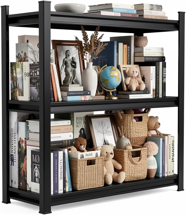 Small Bookshelf for Tight Spaces, 3-Tier Sturdy Metal Bookcase, Compact Black Book Shelf for Bedroom, Office & Living Room Organizer