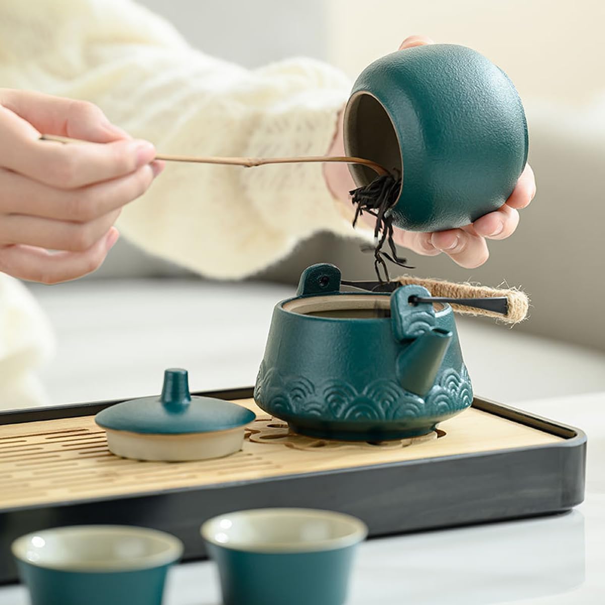 Tetera con colador, juego de té de porcelana, tetera de viaje chino y 6 tazas, mango de cuerda de cáñamo, juego de té para té suelto, regalo para los amantes del té, verde