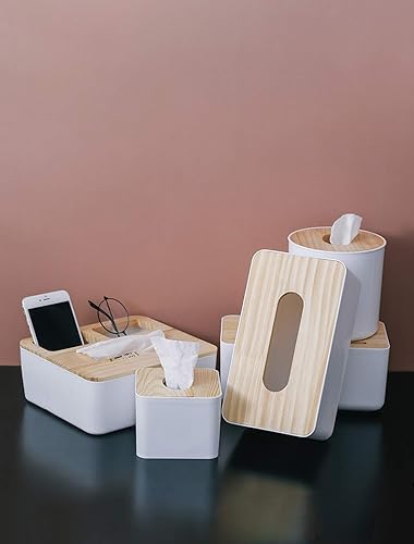 Miniatura 7 de Caja de pañuelos faciales, dispensador de pañuelos para escritorio de bambú, cubierta de soporte para tiseuue para almacenamiento y decoración