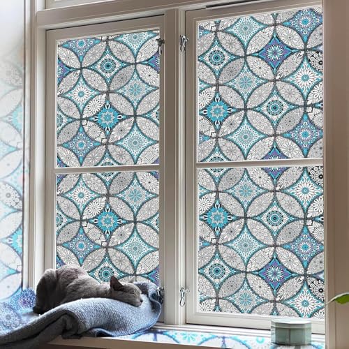 Image of Premium Vinyl Privacy Mandala Window Glass Sticker (24x72 Inch) - Self-Adhesive Film Decorative Opaque Sheet Tint Wallpaper for Glass Cover Window, Door, Office, Home.| Anti-UV. Blue