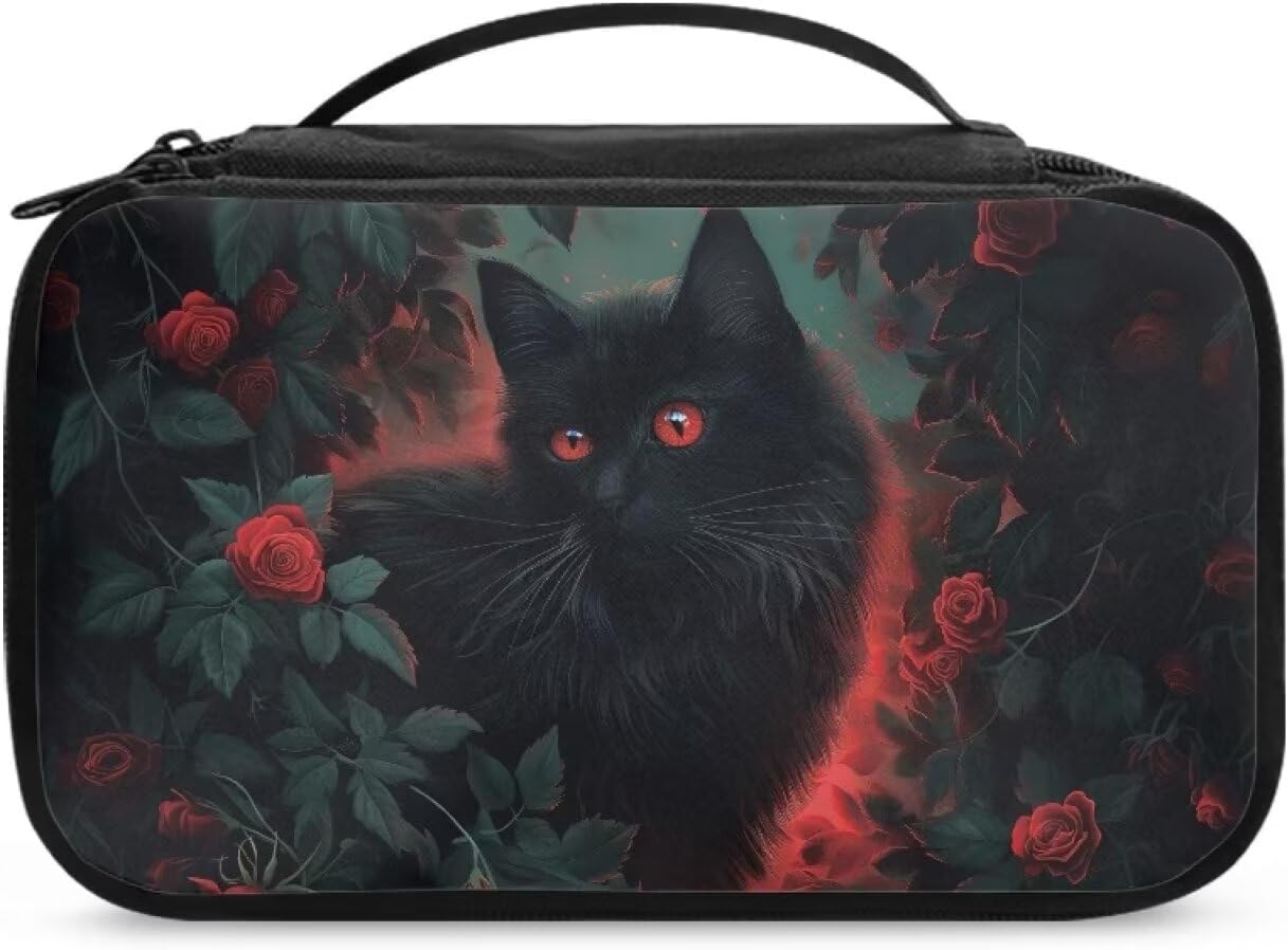 Black Cat Makeup Bag Rose Cosmetic Bags for Women Fashion Toiletry Bag with Zipper and Handle on Top Travel Case for Skincare Products Valentines Birthday Gifts for Women