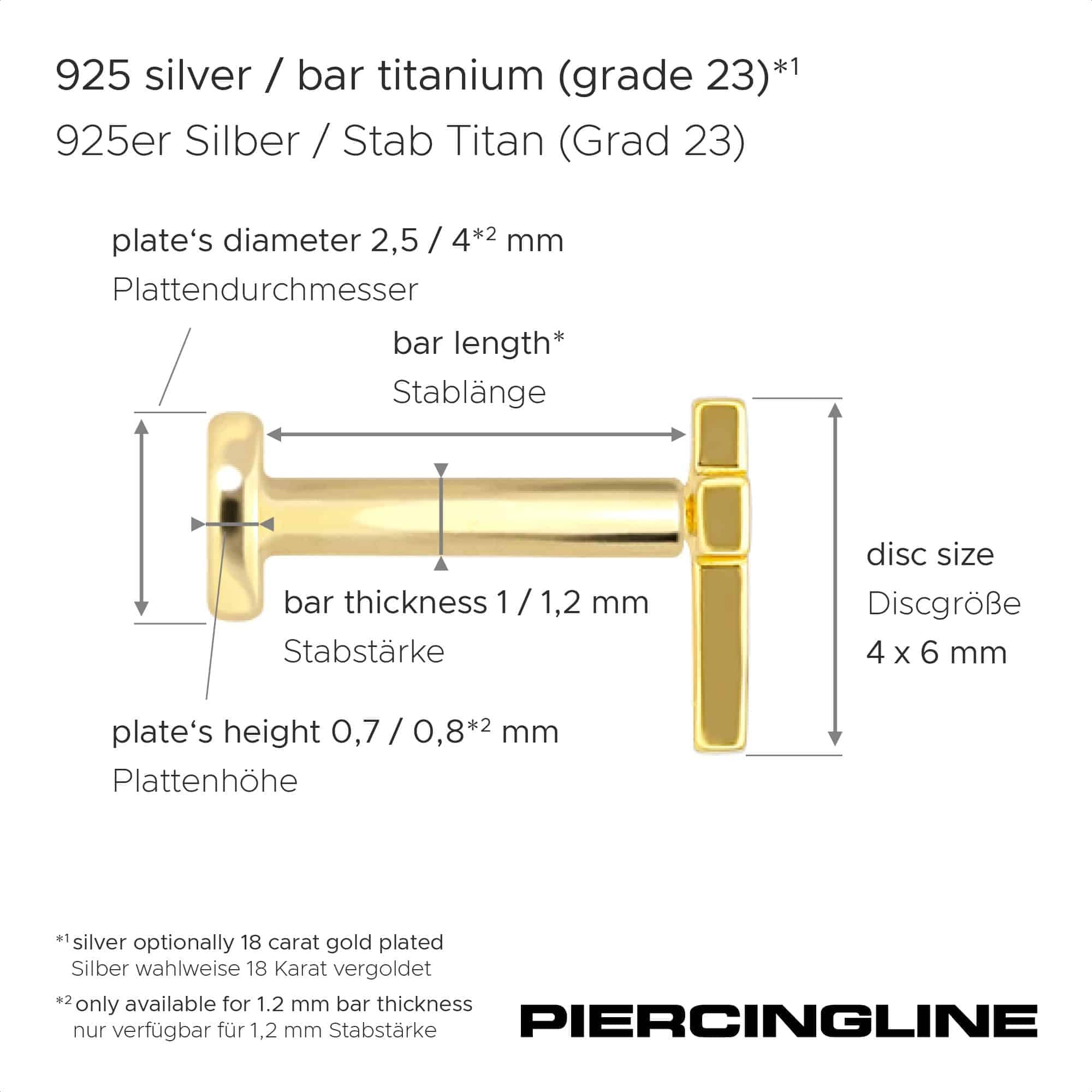PIERCINGLINE Piercing Stecker Titan Labret mit Innengewinde + 925er Silber Aufsatz KREUZ - Goldfarben, Silberfarben