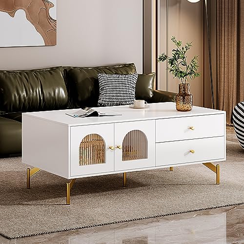 Modern Furniture Living Room Sets,Coffee Table with 4 Drawers,Center Table with Storage Shelf,Table for Couch Long Rectangle with 3-Sections Silent Drawer Slides White Modern Furniture Living Room Sets,Coffee Table with 4 Drawers,Center Table with Storage Shelf,Table for Couch Long Rectangle with 3-Sections Silent Drawer Slides White