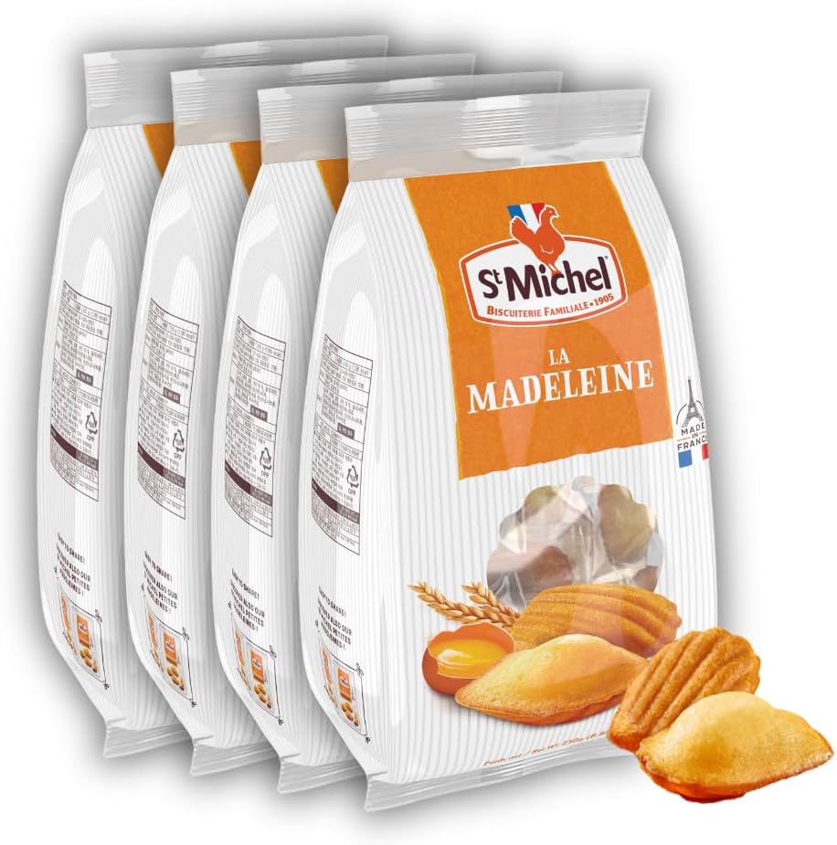 Traditional Madeleines French Sponge Cakes Made In France, Pack of 4 (250g each) Non-GMO. Total of 40 Individually Wrapped All Butter Traditional Madeleines Sponge Cakes