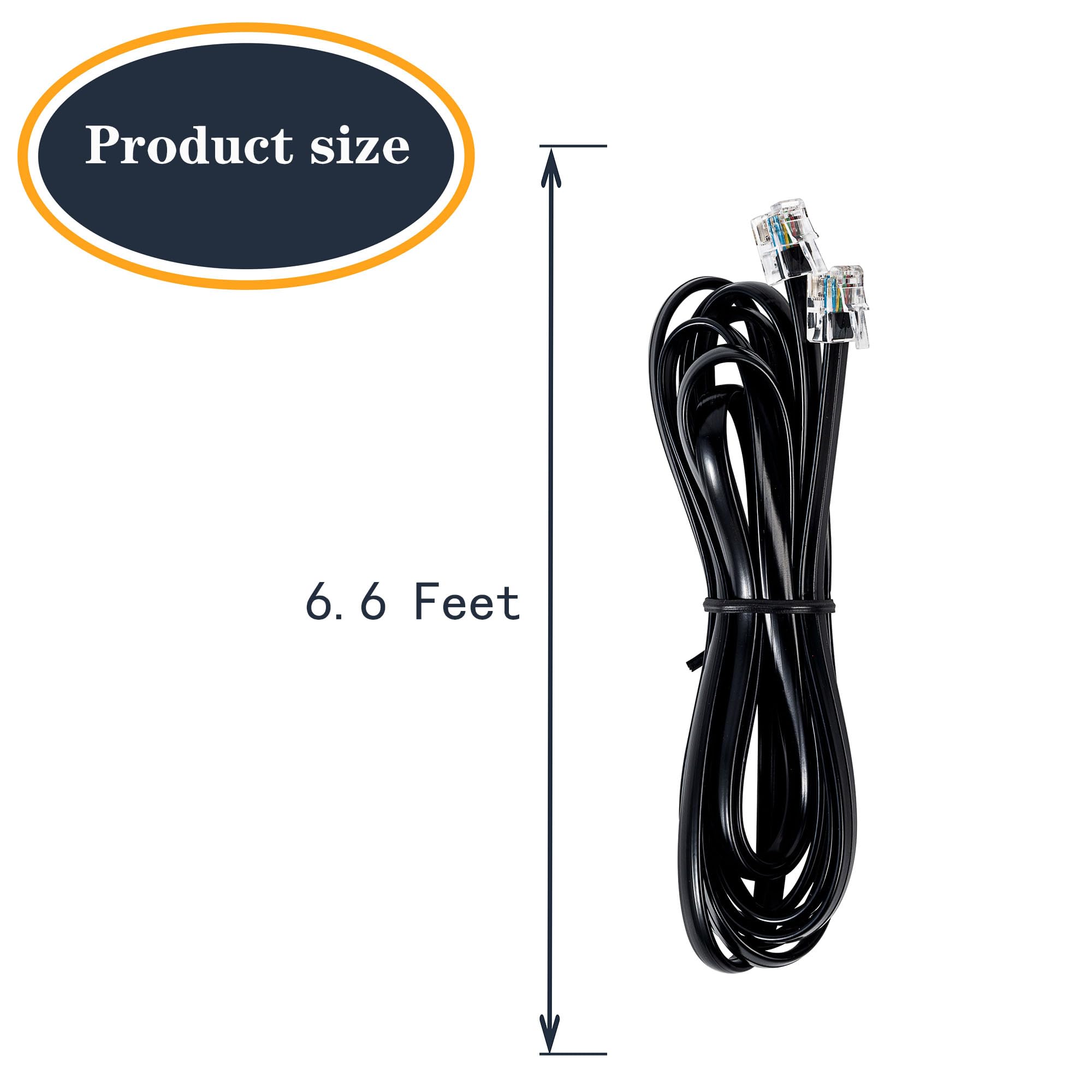 Cable RJ12 para teléfono RJ12 6P6C macho a macho, cable recto para uso de datos y voz, color negro, 6.6 pies, paquete de 3