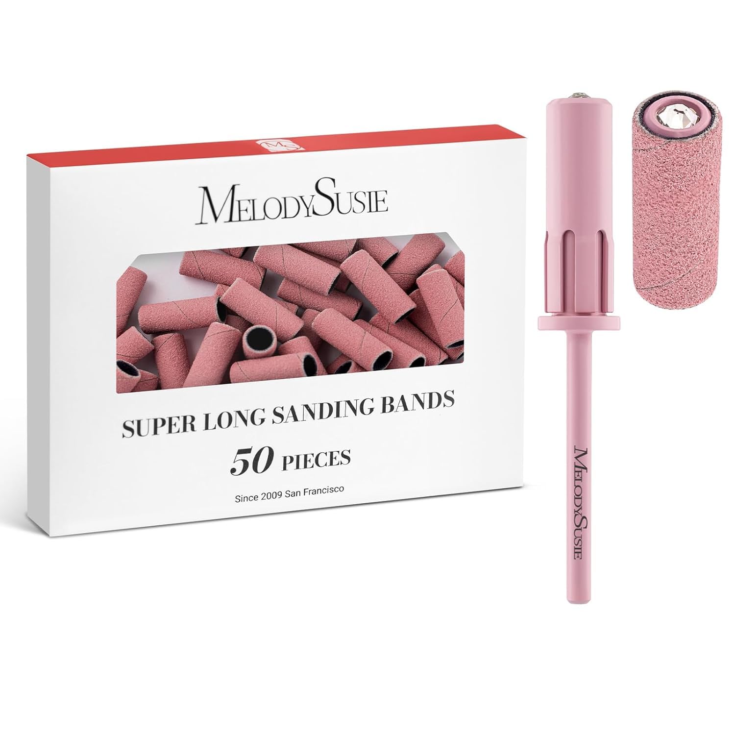 MelodySusie 50 Stück Extralange Schleifhülsen für Nagelfräser mit 6,65-mm-Kristall-Mandrel – 180 Feinkorn-Schleifbänder für Acrylnägel/Gel-Maniküre/Pediküre