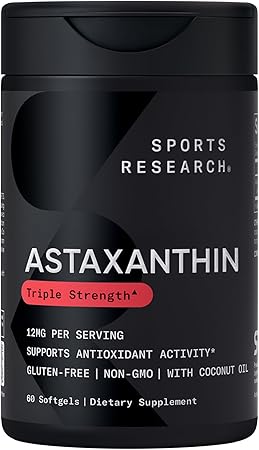 Sports Research® Triple Strength Astaxanthin 12mg w/Organic Coconut Oil - Antioxidant Supplement for Skin & Eye Health Support* - Soy Free · Non-GMO · Gluten Free - 60 Softgels