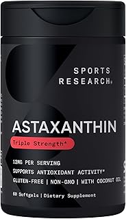 Sports Research® Triple Strength Astaxanthin 12mg w/Organic Coconut Oil - Antioxidant Supplement for Skin & Eye Health Support* - Soy Free · Non-GMO · Gluten Free - 60 Softgels