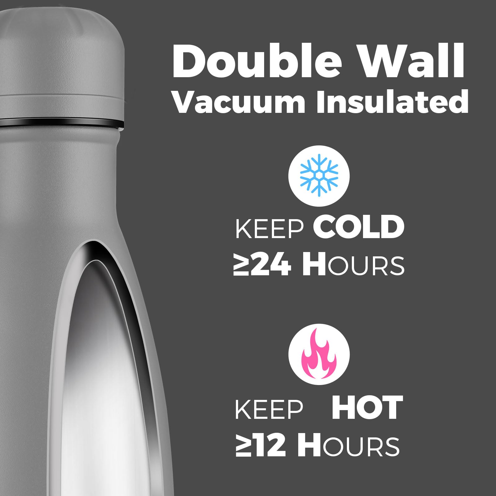 Volhoply 500ml Insulated Stainless Steel Water Bottle, Double Wall Vacuum Flask, Keeps Cold 24h & Hot 12h - Image 3