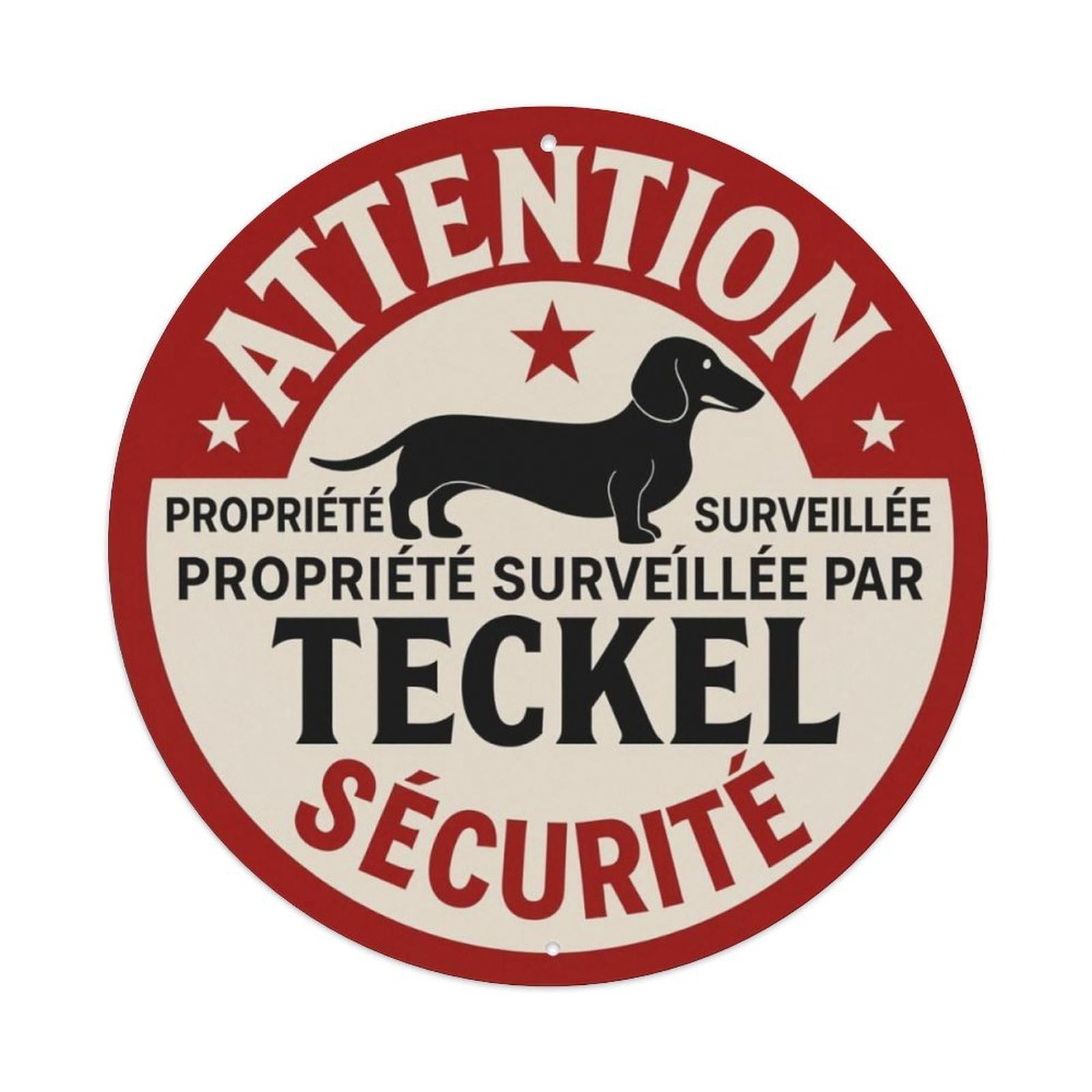 French Dachshund Security Warning Round Decor Sign Vintage Aluminium Metal Sign, Retro Wall Decor for Home, Bar, Garage & Farmhouse 20x20cm