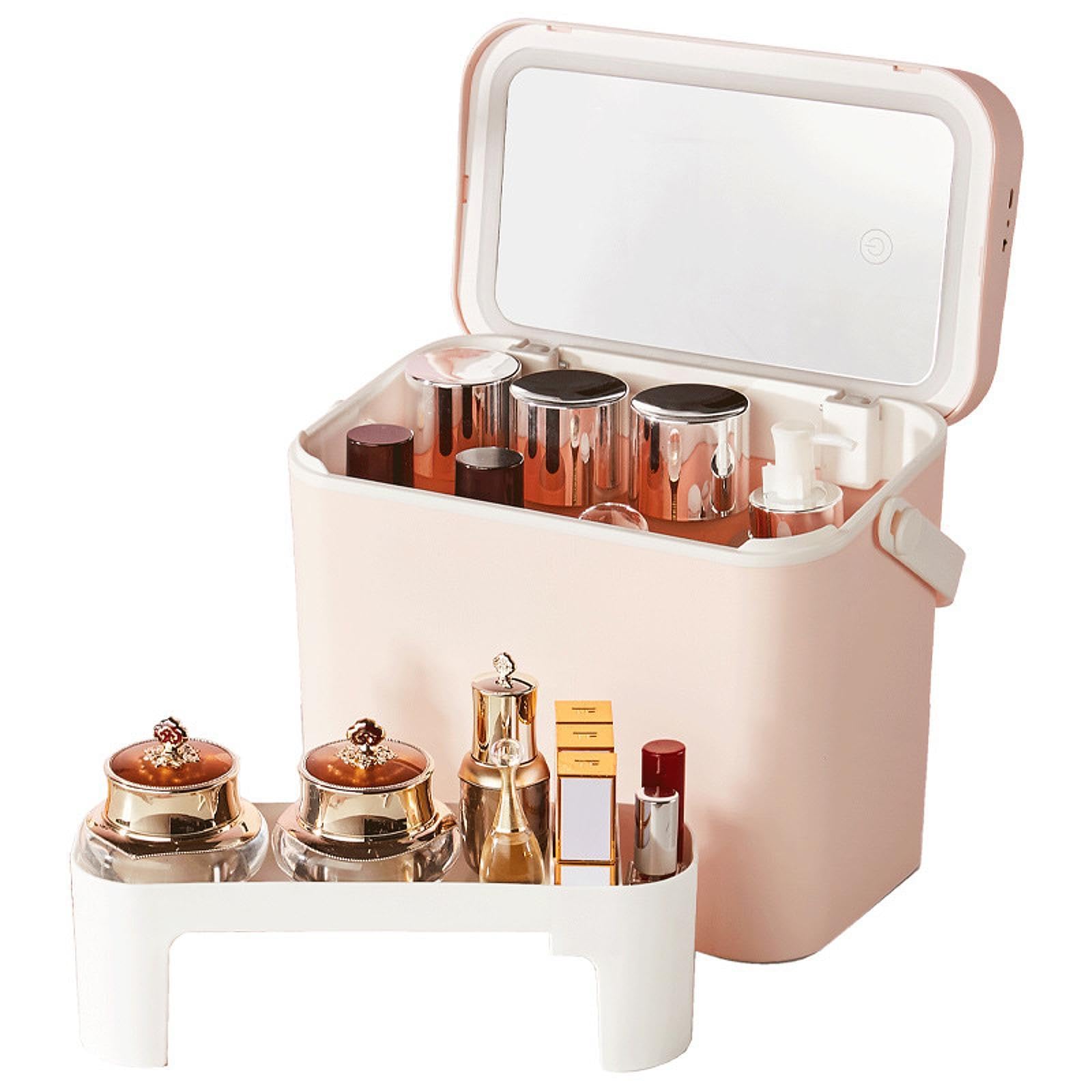 Estuche de Maquillaje con Espejo Iluminado Organizador de Cosméticos Maletín de Viaje para Maquillaje Caja de Belleza con Compartimentos Material Resi, Blanco
