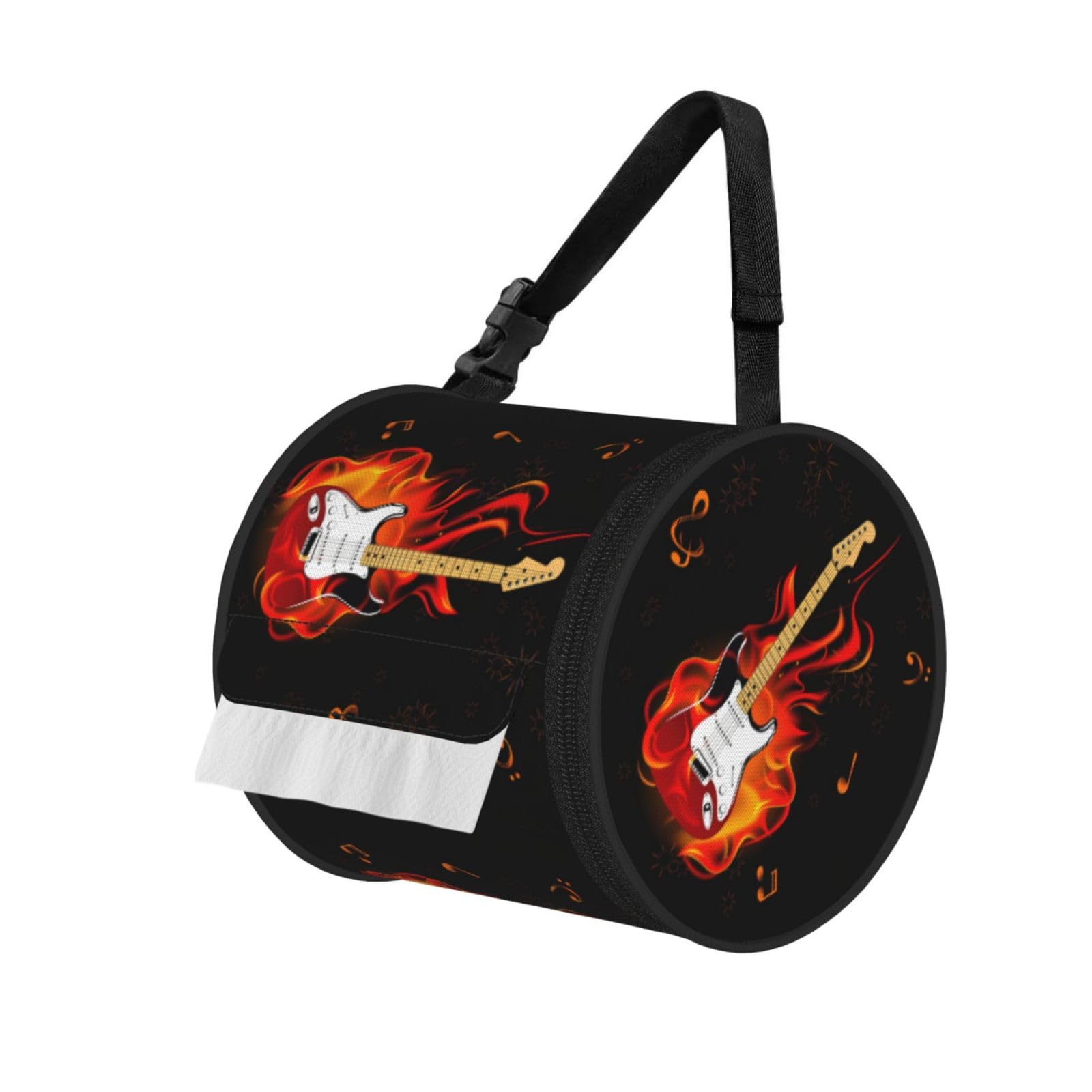 Music Guitar Print Round Tissue Dispenser Bag With Carry Strap, Portable Roll Holder For Car Travel Home