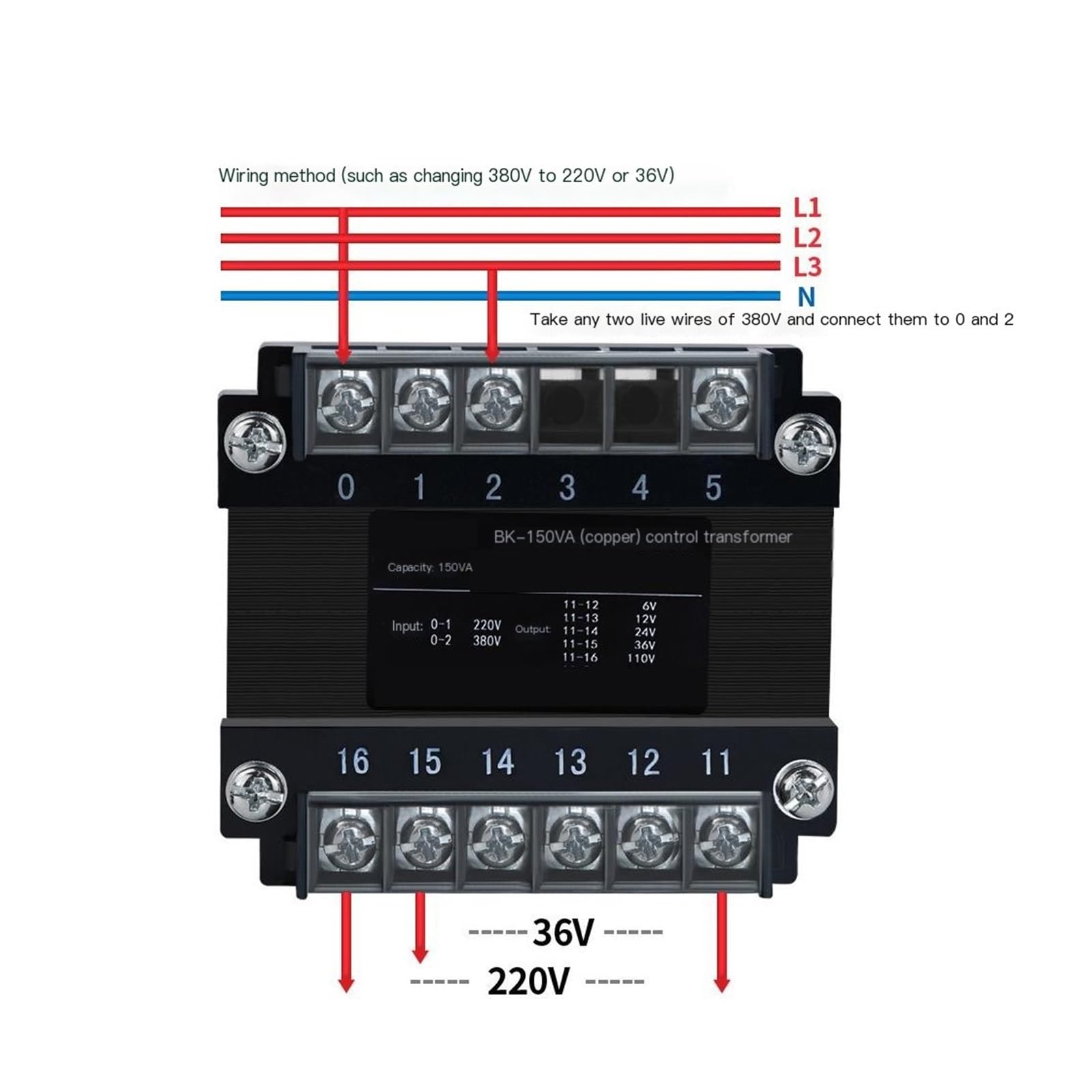 Transformador de control BK-150VA, 380V Entrada 220V 36V 24V Salida Transformador de aislamiento monofásico Bobinado de cobre(36V)