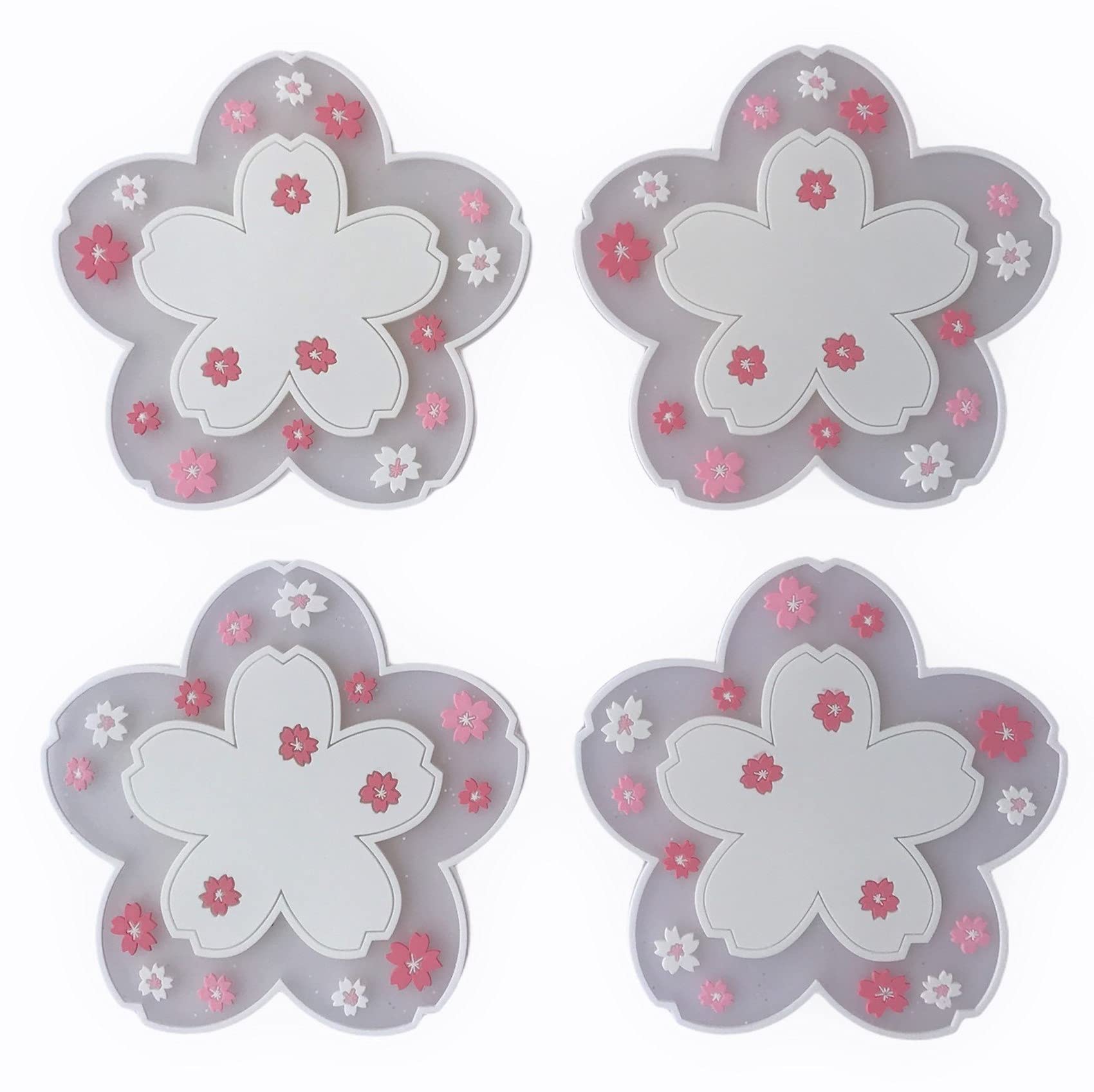 Sakura Silicon Coaster Set of 4 Pcs Cherry Blossom Cup Coaster Anti-Skid Insulation Coaster for Beer, Coffee, Tableware Tea ( Size :11.5 x 11.5Cms) (White)