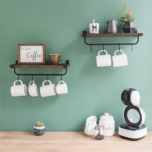 Miniatura 5 de Mkono Soporte para tazas de café montado en la pared juego de 2 estantes flotantes rústicos y 1 colgador de taza de metal con 5 ganchos dobles