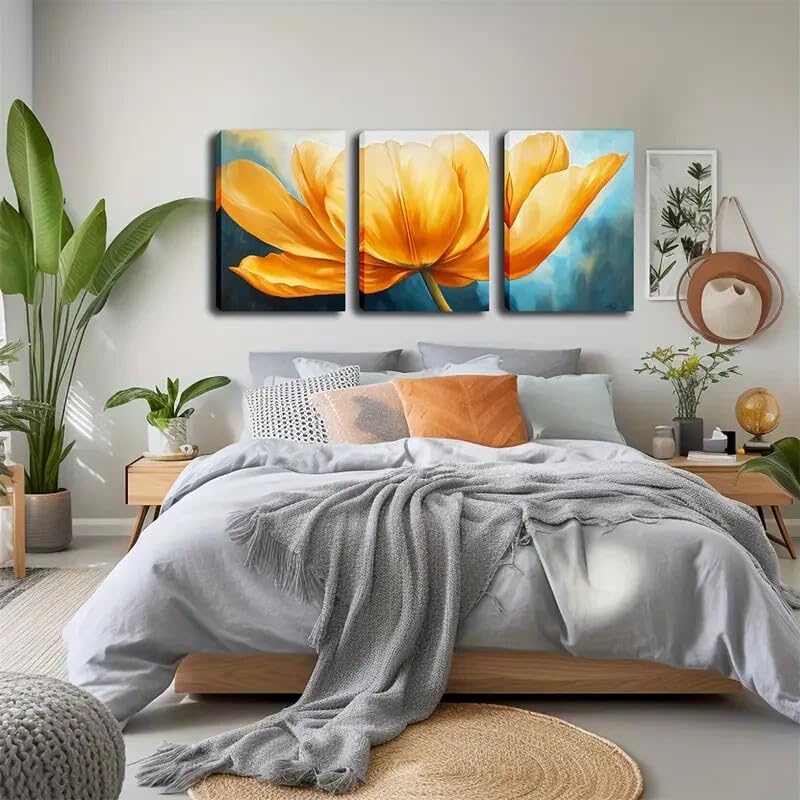 Impression sur toile minimaliste tulipe jaune fond bleu 70x90cm x3 art mural salon