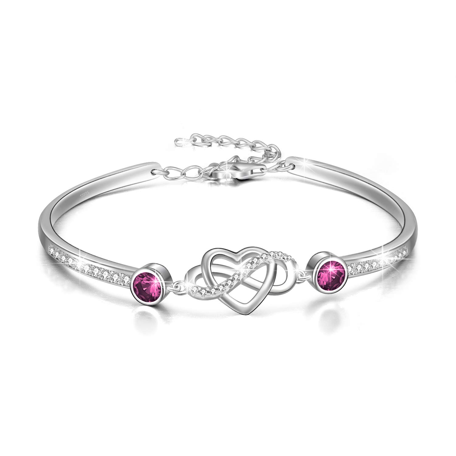 AOBOCO 925 Sterling Silver Infinity Endless Love Heart Birthstone Bangle Bracelet - I Love You Forever Series Adjustable 6-8 in Bracelet with Crystals from Austria Romantic Birthday Jewelry Gift for Women Wife Girlfriend