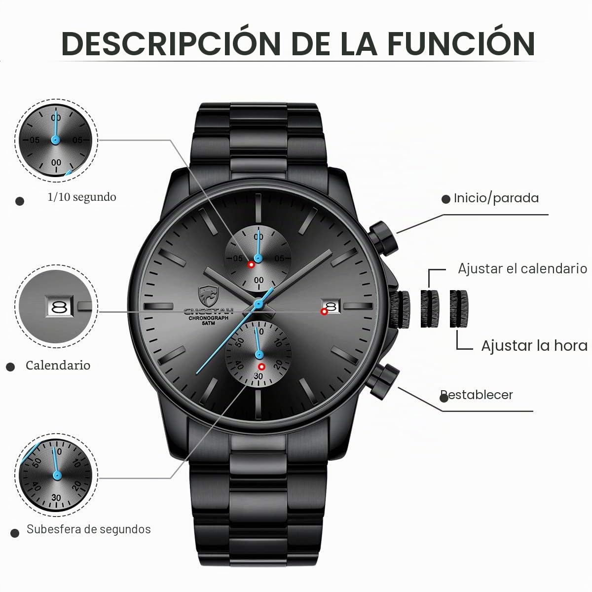 GOLDEN HOUR Reloj de Cuarzo para Hombre de Negocios de Moda con cronógrafo Impermeable de Acero Inoxidable para Hombre, Fecha automática