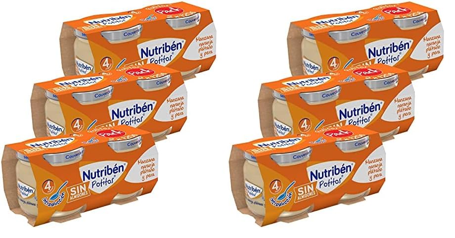 Nutribén Potitos pack Merienda, Introducción a la Manzana, Naranja, Plátano y Pera, Sin almidones, Desde los 4 meses, 3 bipacks (6 x 120gr) (Paquete de 2)