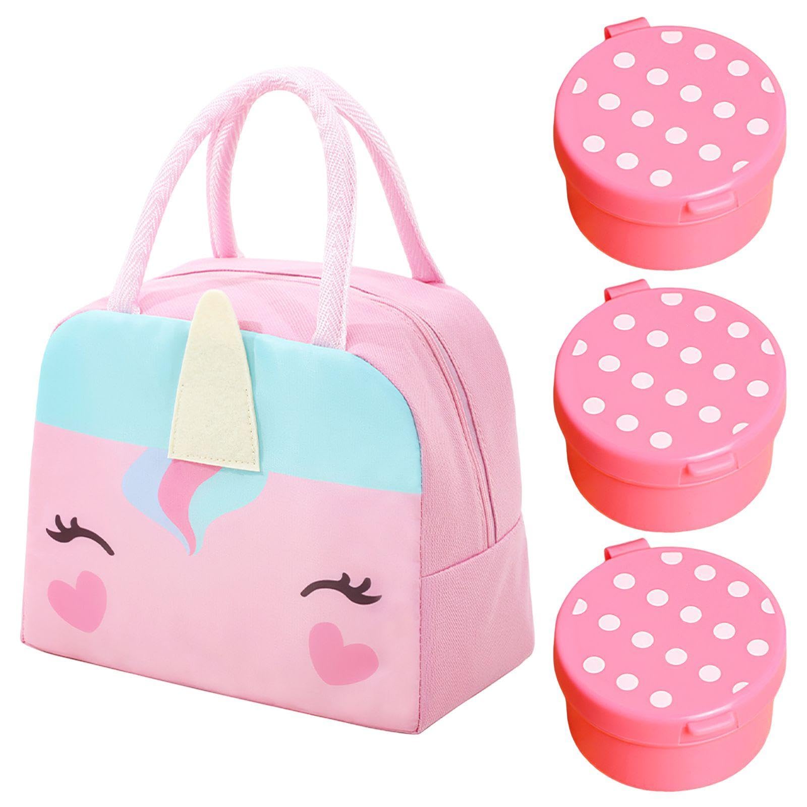Nidhfg Color 1 Piece Pony Insulation Bag And 3 Piece Sauce Container, Cute Cartoon Bento Bag, Large Capacity Lunch Box Bag, Student Lunch Box Bag.