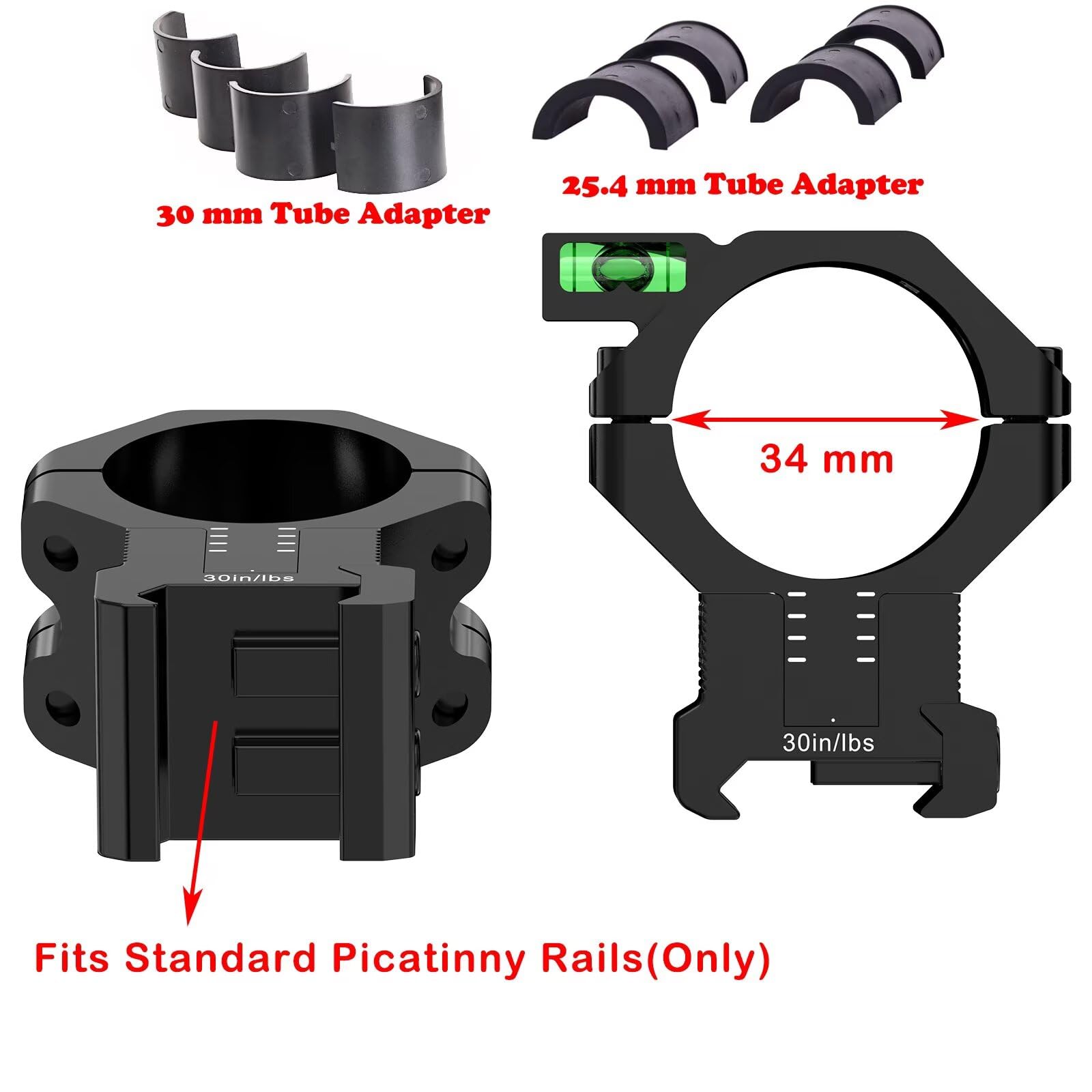 WestHunter Optics Montages de lunette de visée de précision pour Picatinny avec plage de réglage de 120 MOA, montage réglable en hauteur pour tube central de 1", 30 mm/34 mm, niveau à bulle inclus