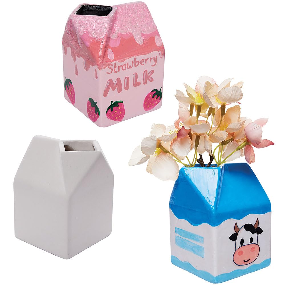 Baker Ross VC122 Milk Carton Ceramic Vases - Pack of 2, Paint-Your-Own Milk Carton Flower Vases