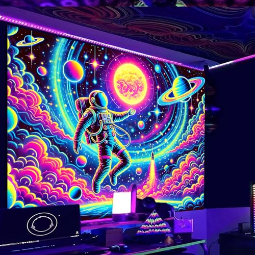 Image of Nuxovilar Astronaut Spacewalk Wall Tapestry Polyester 78.74x59.05 In | Glow Poster Trippy Wall Art Space Decor UV Backdrop Living Room Bedroom Lounge Space Room (Astronaut Spacewalk)