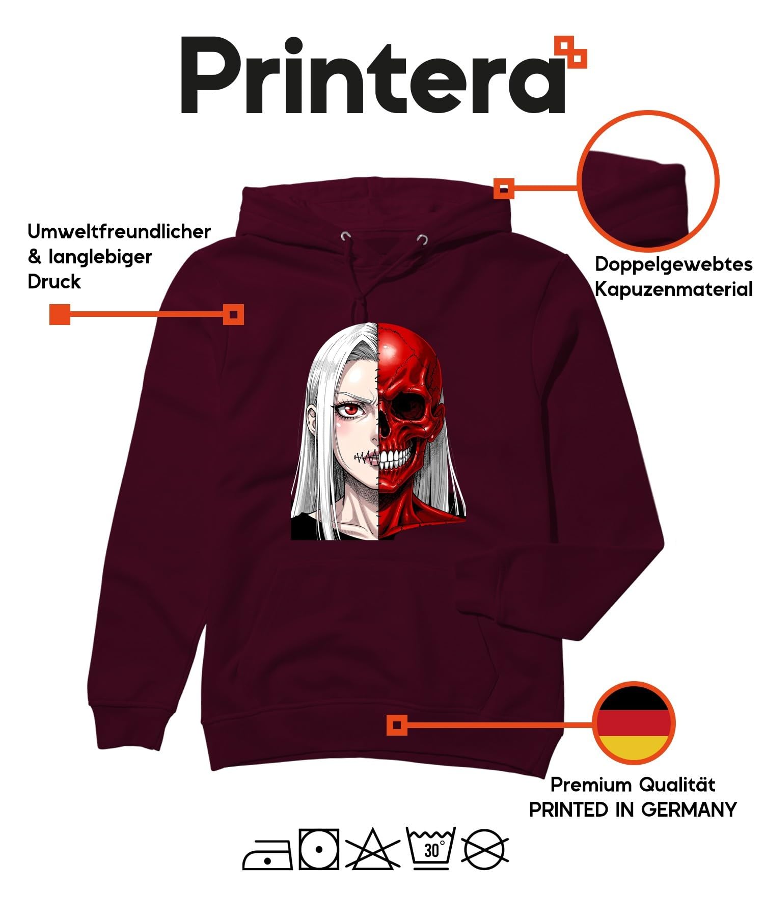 Anime dziewczęca czerwona czaszka horror bluza z kapturem, burgundowa, XL