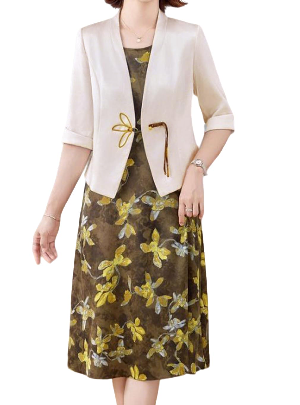 zsangbee Womens 2 Piece Sets Floral Print Dresses Silky Satin 3 4 Sleeve Blazer Suit Jackets Two Piece