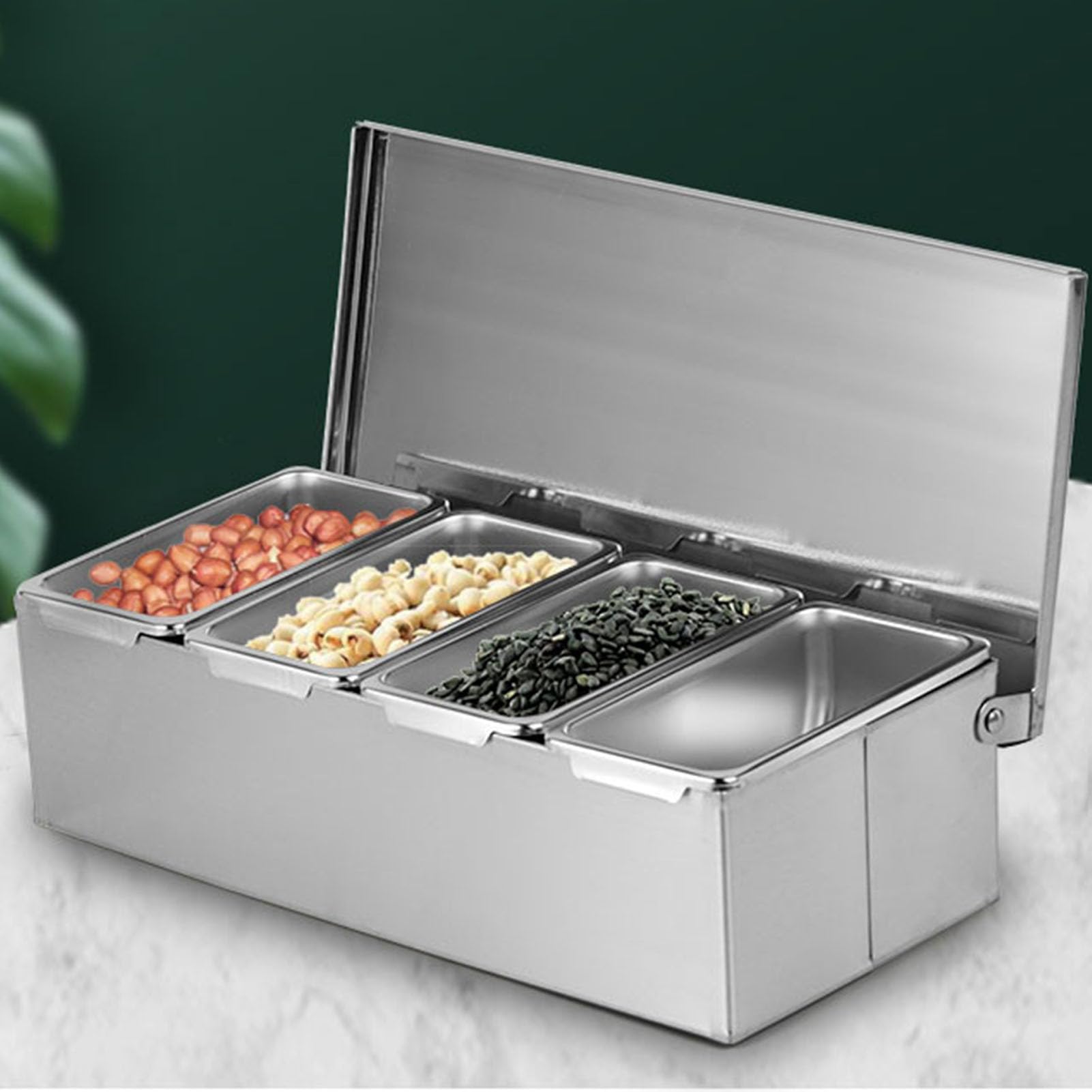 Stazione per condimento per pizza in acciaio inox, 4 scomparti, con coperchi e cucchiai per una facile preparazione e conservazione degli ingredienti, perfetta per pizzerie e chef domestici