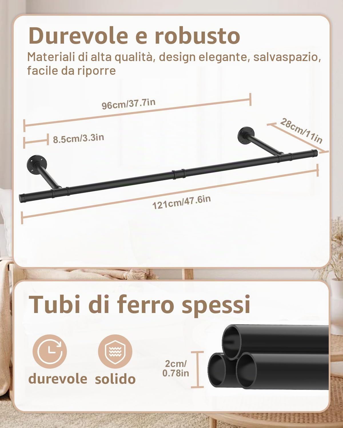 Appendiabiti vintage, Attaccapanni da Muro, 121 cm, Nero, 1 Set | Barra dei Vestiti Staccabili Robusta in Metallo, Pratici Bastoni per Armadi, Appendiabiti Salvaspazio ai Carichi Pesanti
