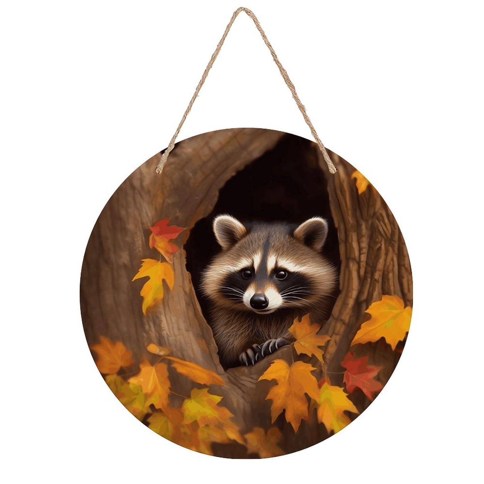 VstaDank Raccoon in The Fall Tree Hole Wall Art Decor with Ropes Wooden Hanging Sign Hanging Wall Decor Artwork Round Wood Painting Modern Wall Prints Decor Picture for Office Bar Home Decors