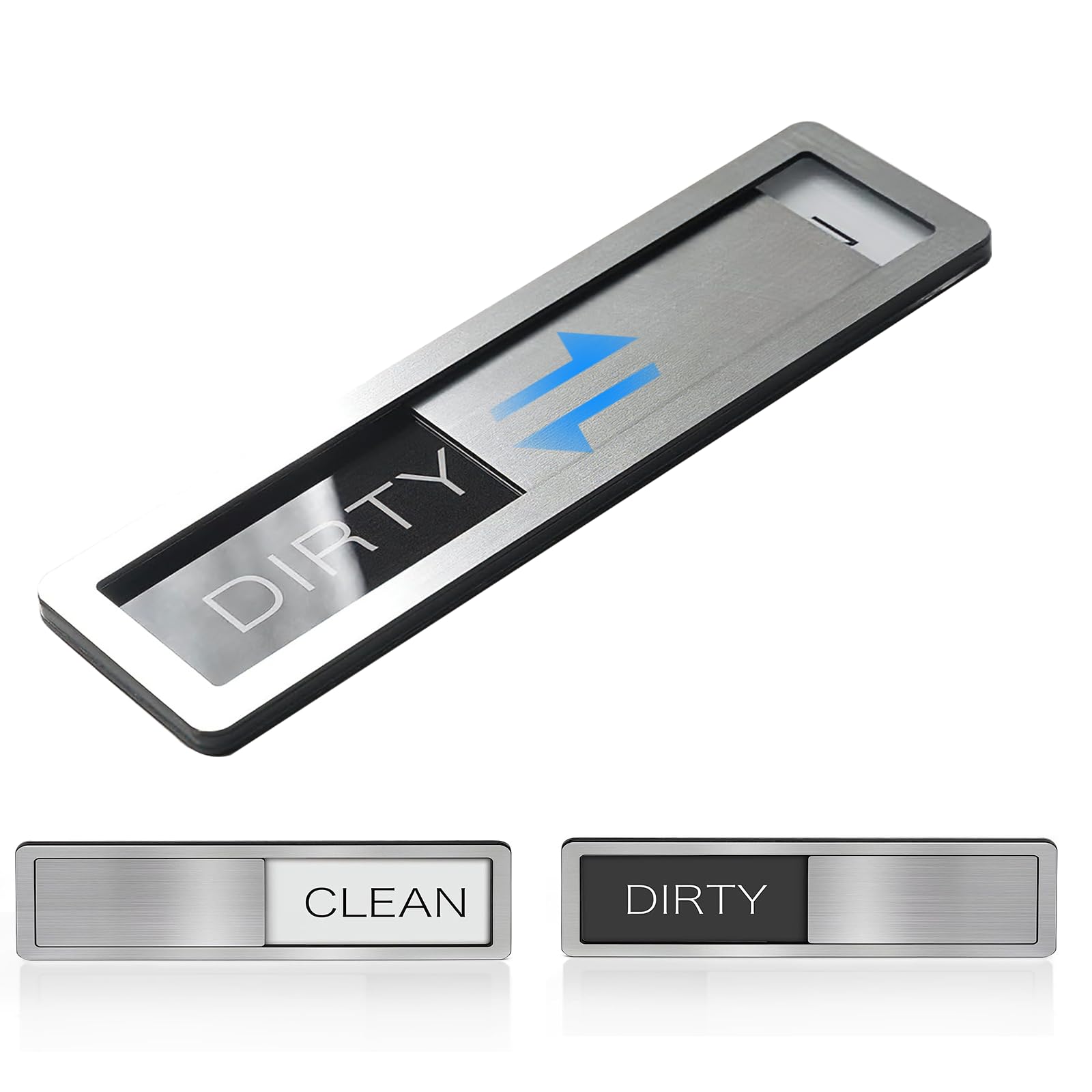 Chersun Silver Dishwasher Sign Magnet Clean Dirty, Non-Scratching Strong Magnet Sliding Indicator Sign Clean/Dirty With Double-Sided Adhesives Stickers For All Dishwashers Accessories, Reminder Signs
