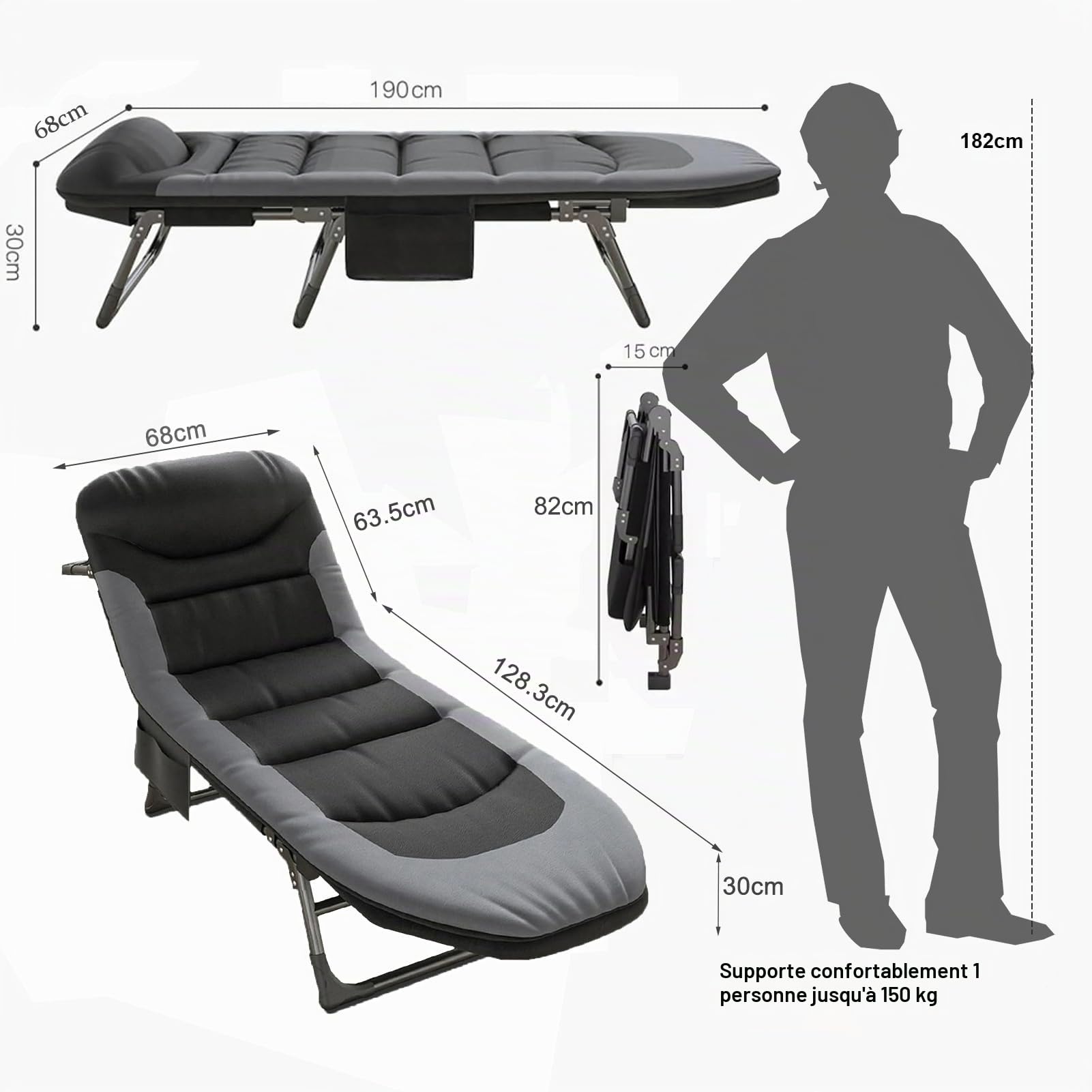 Lit de Camp Pliable 1 Personne, lit Pliant Camping avec Matelas et Sac de Transport - pour Camping et Jardin (Noir 1) (Noir)