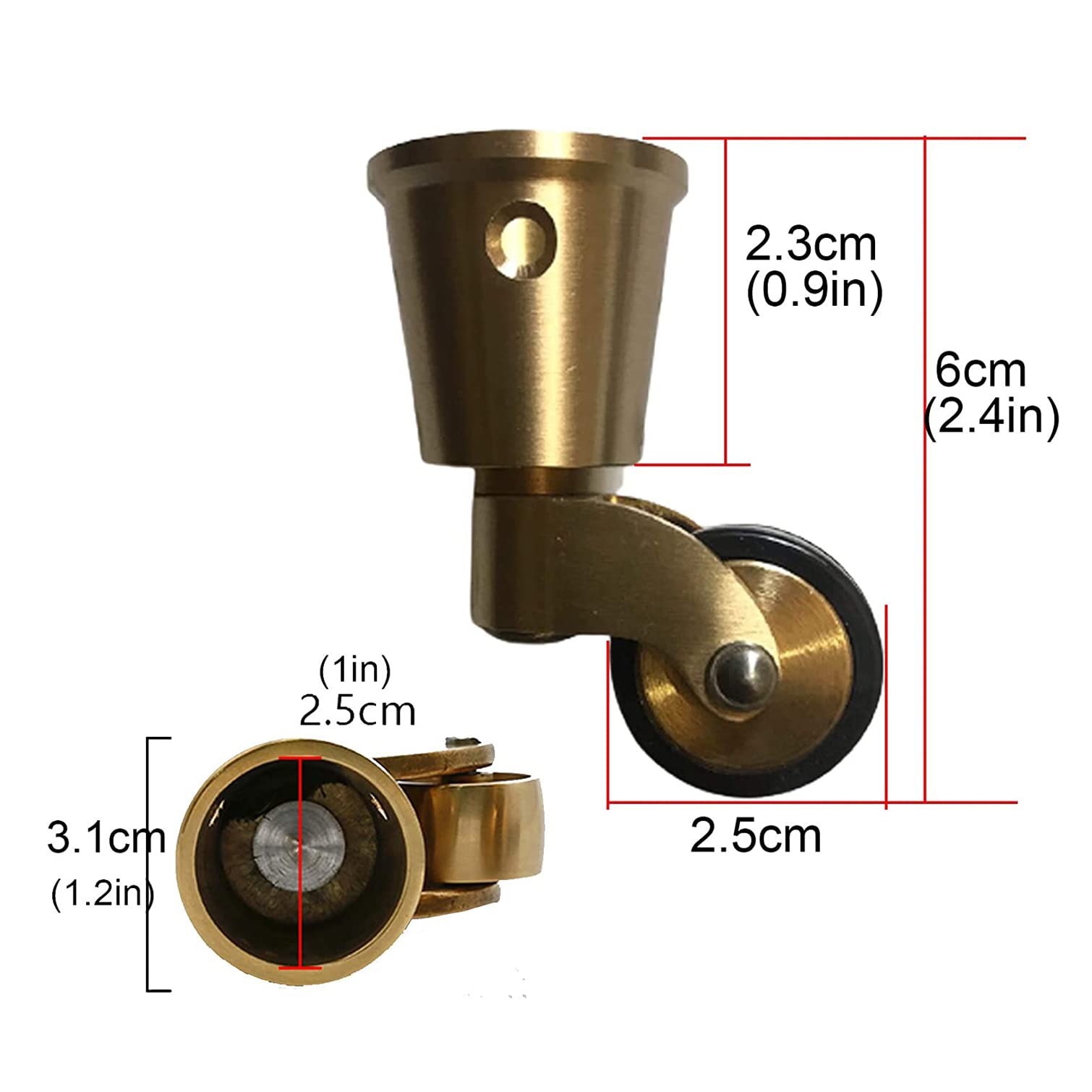 4x Rotelle in Ottone Massiccio 25mm Anticato Vintage Lucidato a Tazza, Ruote Girevoli in Gomma con Carico 150Kg per Mobili, Poltrone, Divano, Fixate con Viti