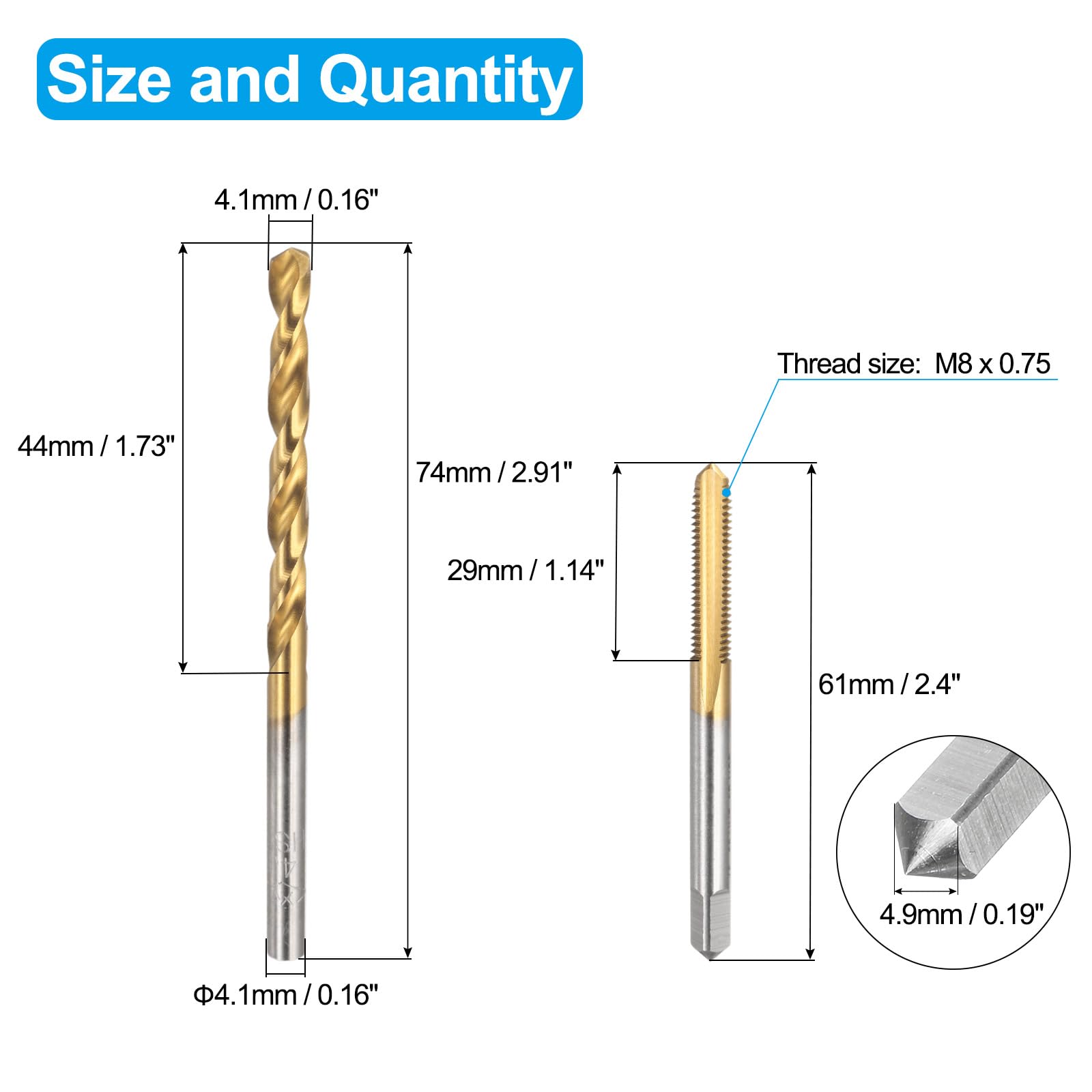 Set di Maschi e Punte da Trapano, 1 Maschio a Filettatura Dritta UNF 10-32 e 1 Punta elicoidale da Trapano da 4,1 mm, Kit di Utensili per Filettatura HSS-6542 Rivestiti in Titanio