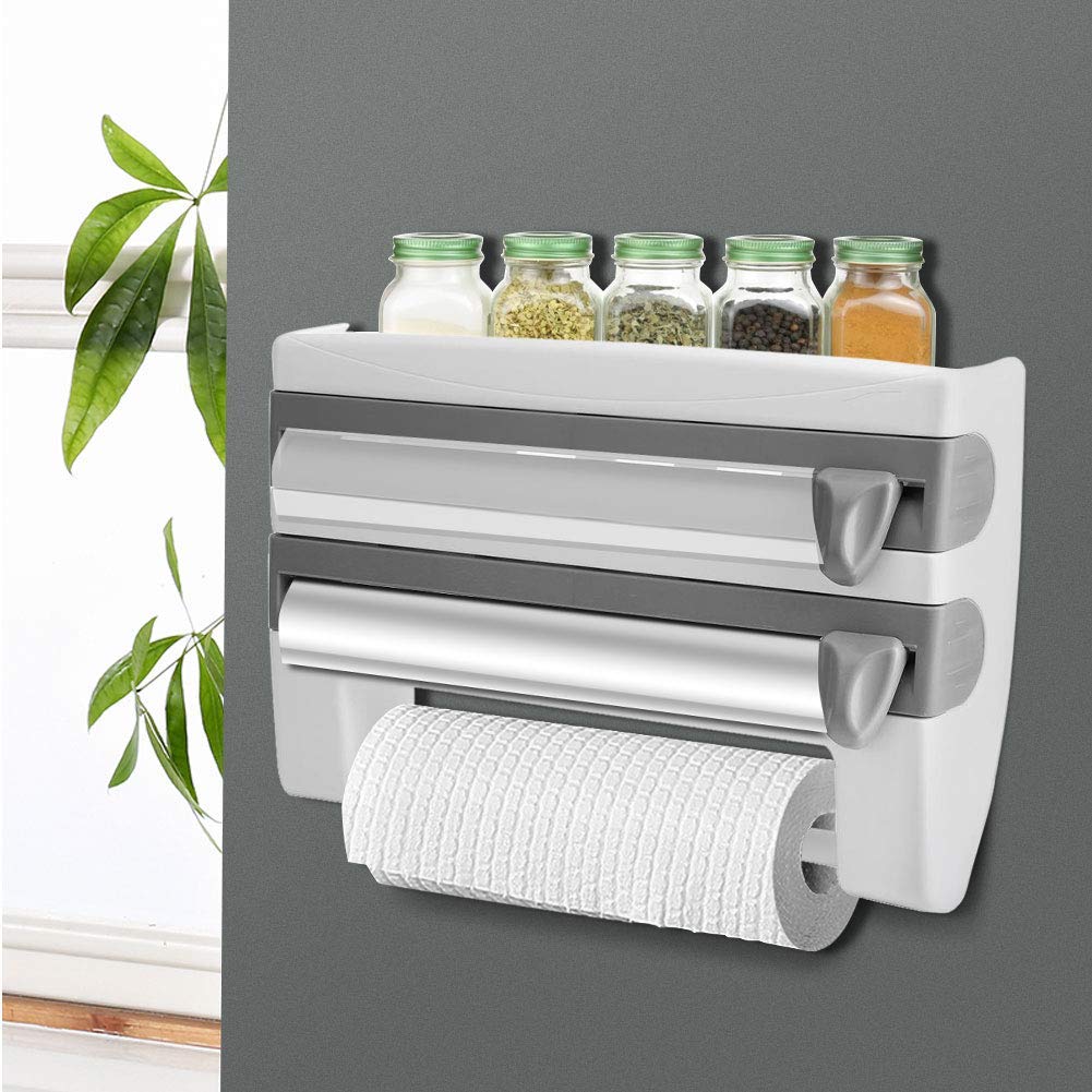Portarrollos de Pared con Estante Portarrollos de Cocina Porta Rollos con Cortador de Papel de Aluminio Portarrollos de Papel para Rollo de Cocina Papel de Aluminio Película Adhesiva