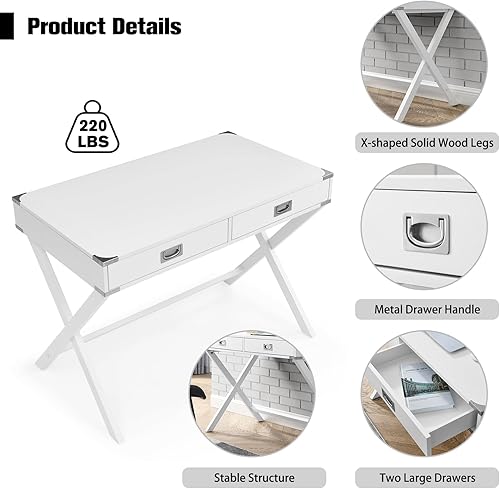 Miniatura 6 de Escritorio pequeño blanco de 42 pulgadas con cajones, moderno escritorio de oficina de madera maciza, mesa de estudio, escritorio de computadora,