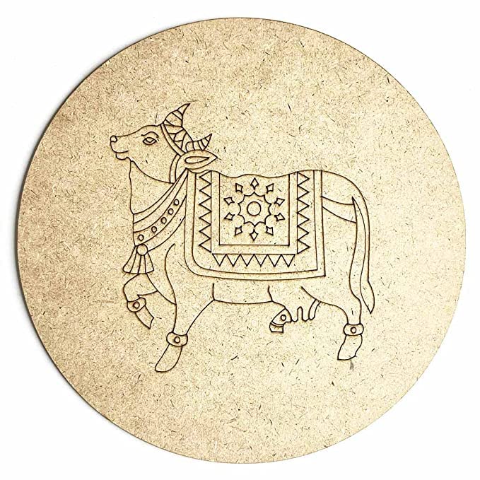 Image of Adikala MDF Pichwai Cow Right Side Face Engraved Design Wall Plate Base With Frame Cutout for DIY Craft-Set Of 2