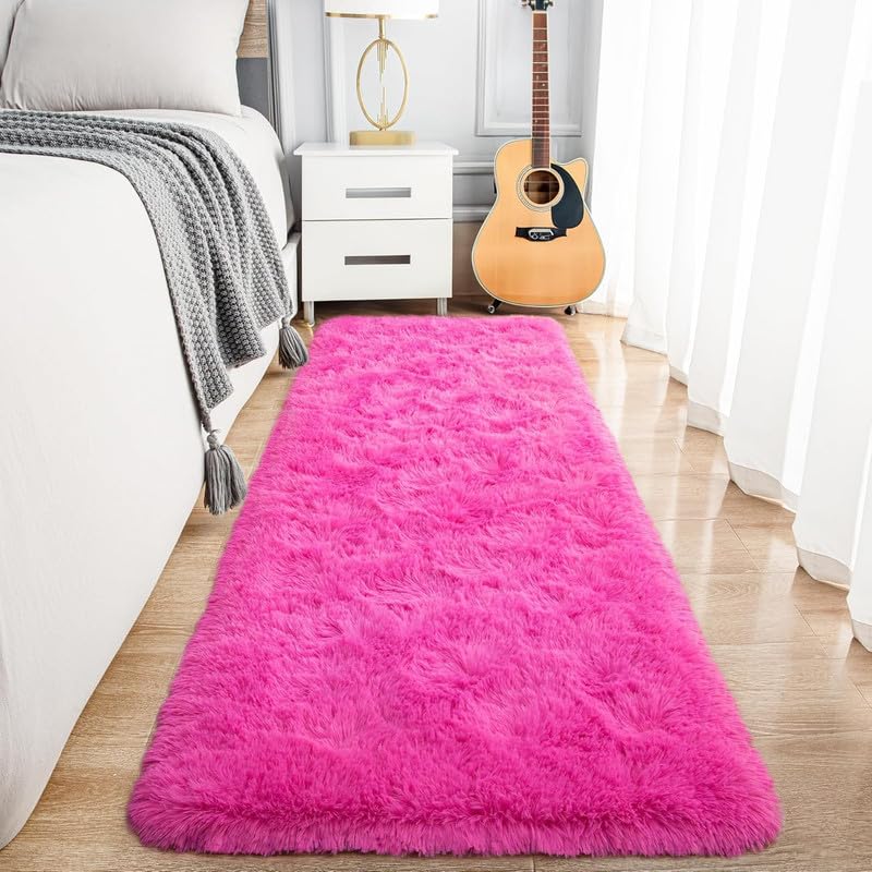 ASAD CARPETS Upgrade Rugs for Bedroom Indoor Floor Carpets Anti Skid Handwoven Solid Plain Shaggy Rugs High Pile, Floor Carpets for Home Size 2x6 Feet Runner Color Hot Pink