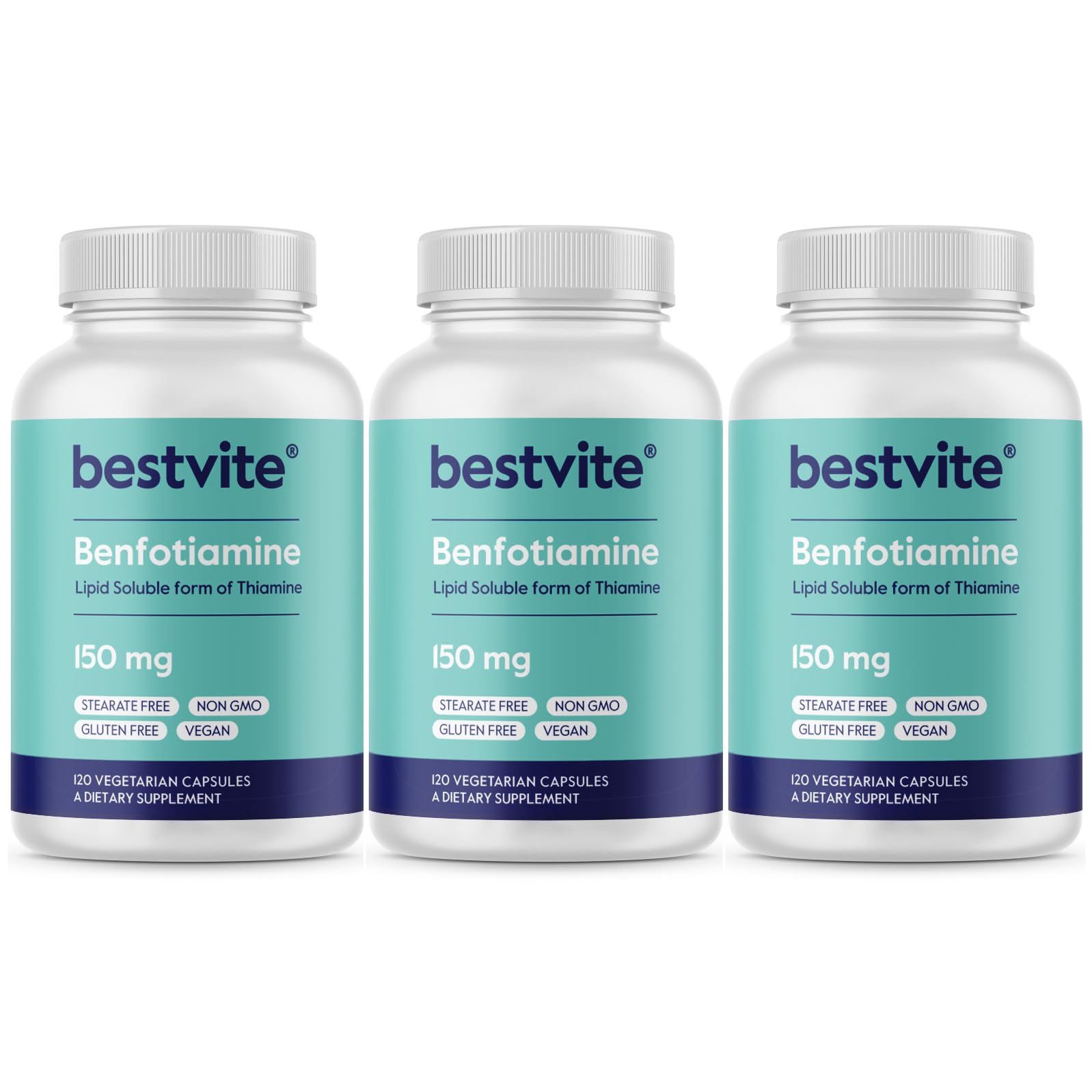 BESTVITE Benfotiamine 150mg (360 Veg Caps) (120x3) - No Stearates - Vegan 1 Count (Pack of 360)