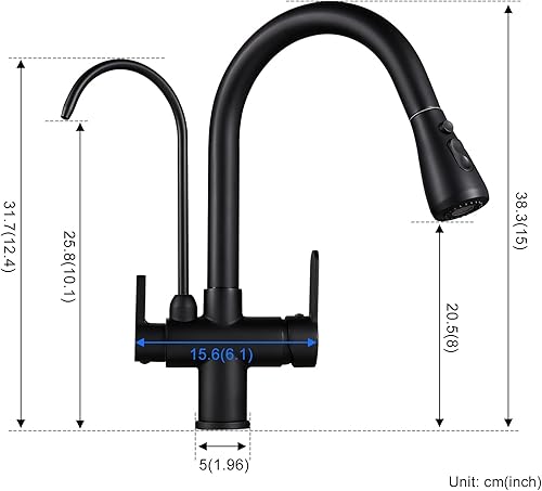 Miniatura 7 de Grifo de cocina 3 en 1 con grifo de agua potable, grifo de filtro de grifo de fregadero de cocina con rociador extraíble de 18 pulgadas (negro mate)