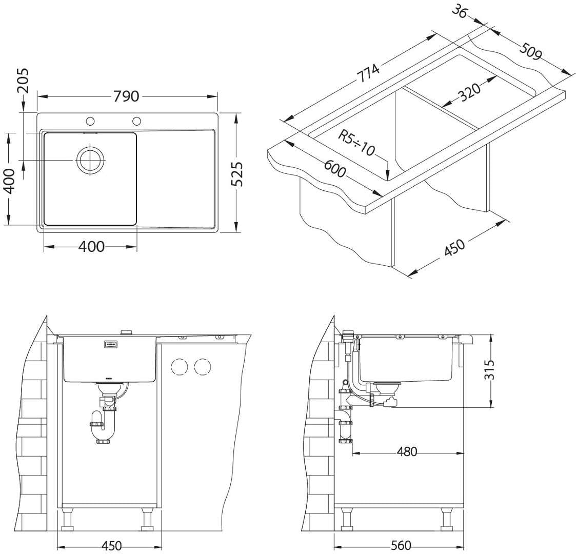 Alveus Einbauspüle 790x525mm Küchenspüle Pure 40 Drehexcenter Edelstahlspüle (Becken Links)