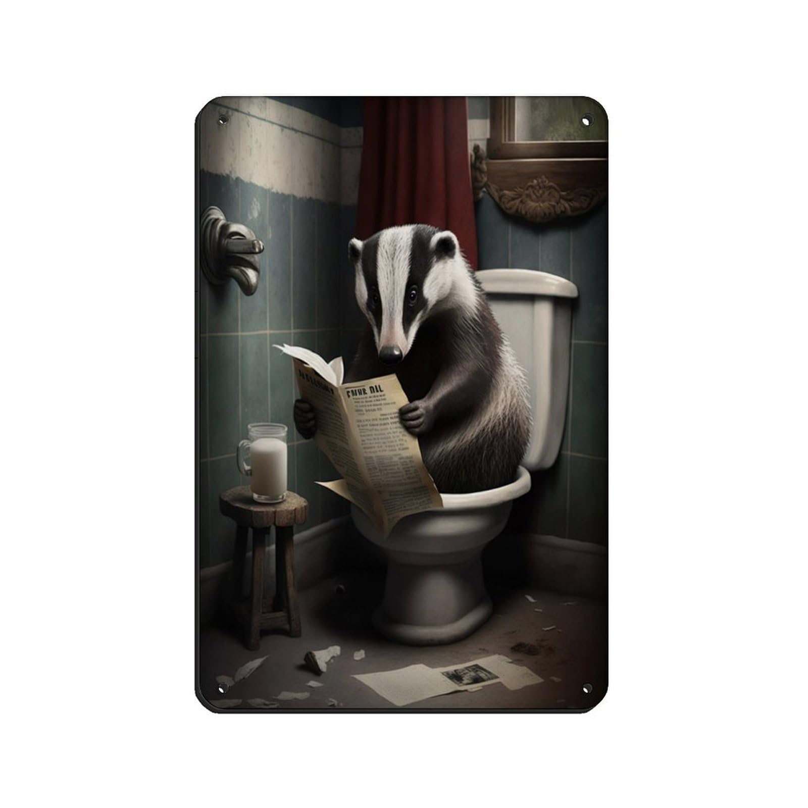 Lxwnze 20L X 30W Cm Badger Sitting On The Toilet Reading A Newspaper Tin Sign Vintage Metal Pub Club Cafe Bar Home Wall Art Decoration Poster Retro 8X12inch(20X30cm)