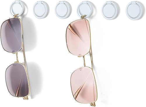Organizador de lentes de sol montado en la pared, paquete de 6 soportes colgantes para anteojos (blanco con adhesivo)