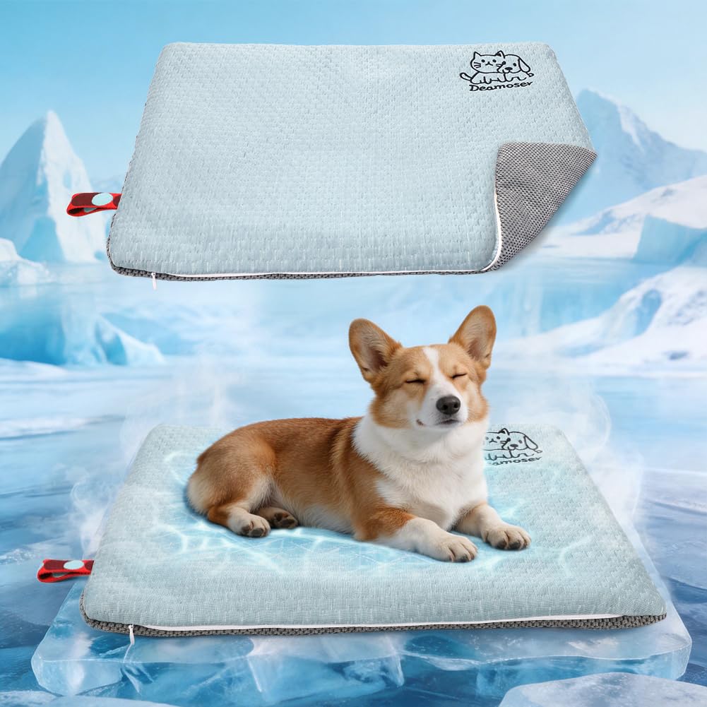Deamoser Dog Cool Mat, Reversible Pet Cooling Pad for Small Dogs & Cats, Self-Cooling Dog Bed with Carry Handle & Hidden Zipper, All-Season Comfort for Dog Crates, Car Seats, Strollers, 40x50cm