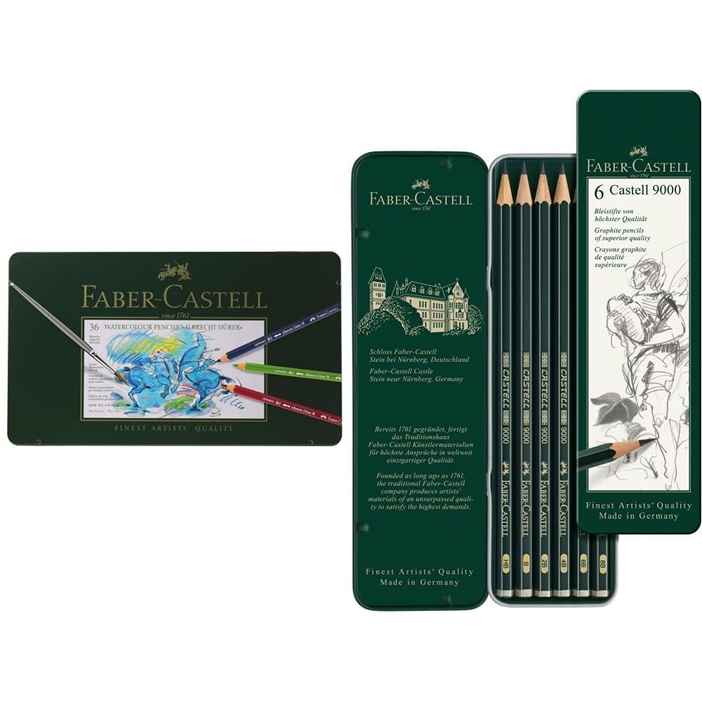 Faber-Castell 117536 Crayons de couleur aquarellables Albrecht Dürer, boîte métal de 36 & 119063 Set de 6 crayons graphite CASTELL 9000
