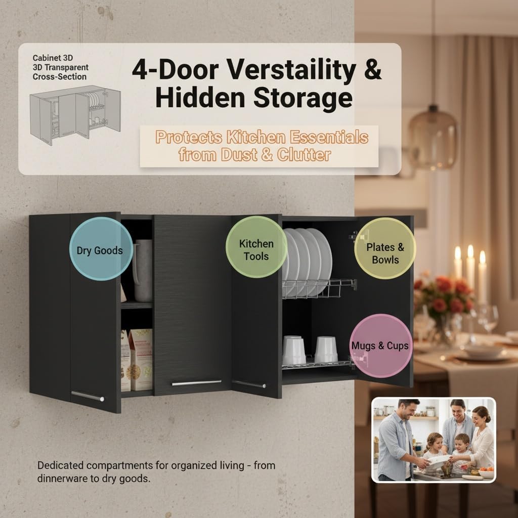 JOSHEN 47.2" Wall Mounted Kitchen Cabinet with Plate & Cup Organizer, Modern Particle Board Hanging Storage Cabinet with 4 Doors & Easy Assembly for Kitchen,Pantry,Apartment,Black